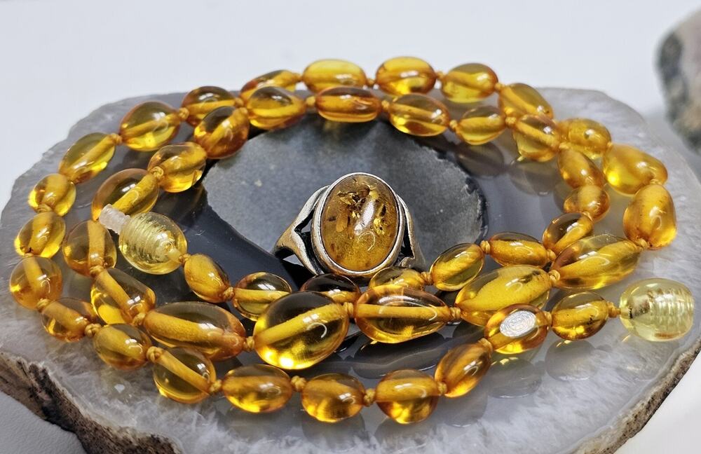Vintage Amber Necklace 19.75" & 925 Sterling Silver Ring SZ 9.25 Set *Read Desc*